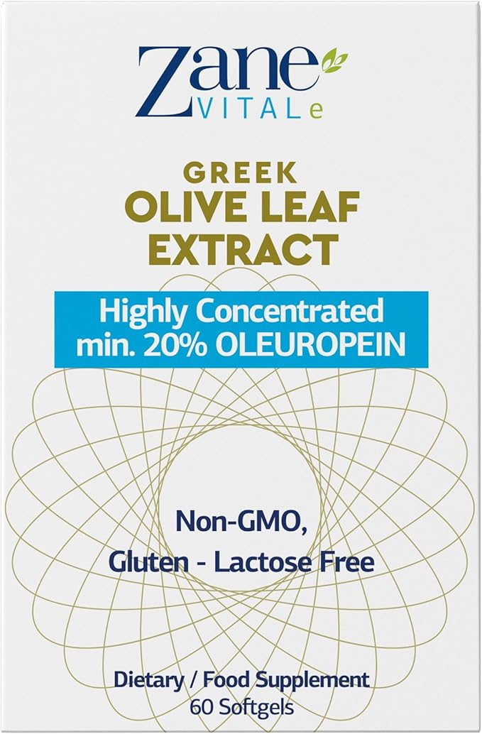 Zane Greek Olive Leaf Extract - min. 20% Oleuropein - Provides Immune and Healthy Blood Pressure Support, Promotes Cardiovascular System Health - 60 Capsules Non-GMO, Gluten - Lactose – Paraben Free