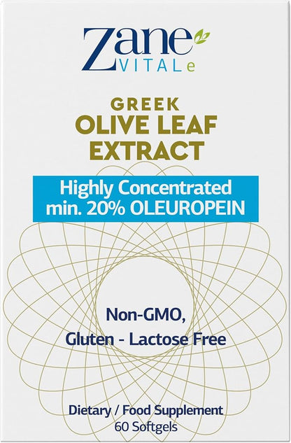 Zane Greek Olive Leaf Extract - min. 20% Oleuropein - Provides Immune and Healthy Blood Pressure Support, Promotes Cardiovascular System Health - 60 Capsules Non-GMO, Gluten - Lactose – Paraben Free