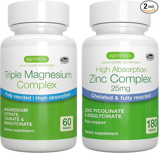 Triple Magnesium Complex + Zinc Complex Vegan Bundle, High Absorption Chelated Magnesium + 25mg Chelated Zinc Picolinate & Bisglycinate with Copper, by Igennus