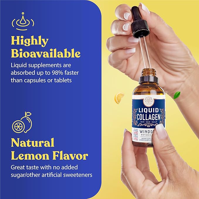 WINDSOR BOTANICALS Liquid Collagen for Women and Men - Hair, Skin, Nails Vitamins - Lemon Flavor Collagen Peptides Hair Growth Drink - 5,000mcg Biotin, 10,000mcg - US Made - 2x2oz