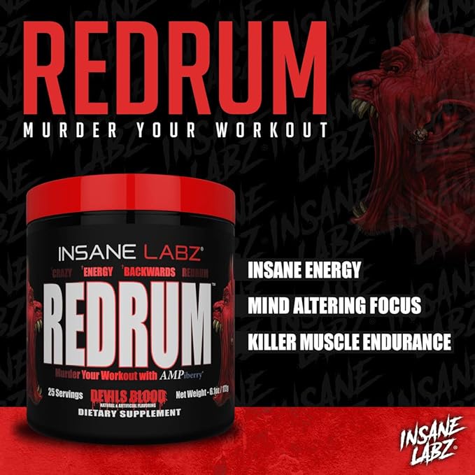 Insane Labz Redrum High Stim Pre Workout NO Booster Powder, Loaded with Beta Alanine Agmatine Sulfate Taurine Fueled by AMPiberry, OXYgold,Focus Strength Recovery,25 Srvgs Devil's Blood Black Cherry