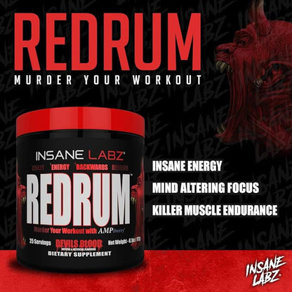 Insane Labz Redrum High Stim Pre Workout NO Booster Powder, Loaded with Beta Alanine Agmatine Sulfate Taurine Fueled by AMPiberry, OXYgold,Focus Strength Recovery,25 Srvgs Devil's Blood Black Cherry