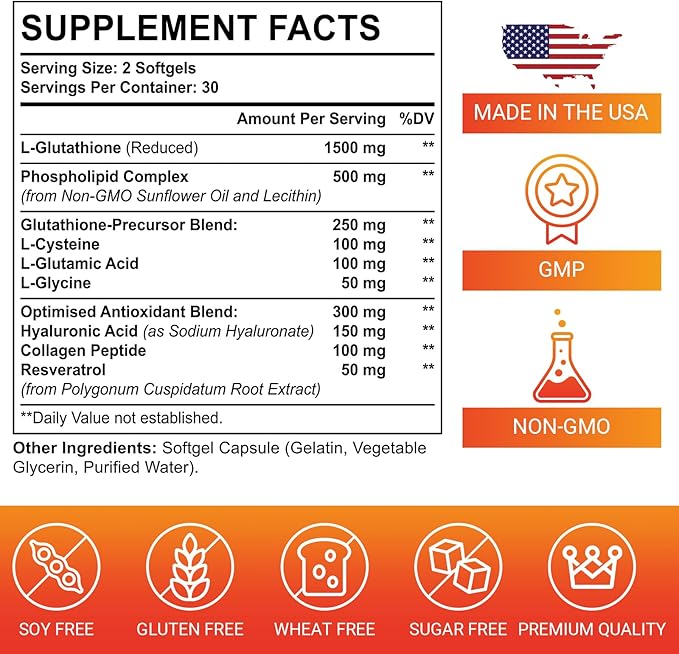 Liposomal Glutathione Softgels, Enhanced Absorption - Liposomal Delivery, Active Form L-Glutathione, Made in USA, Rich in Antioxidant Formula, Gluten Free, 120 Softgels