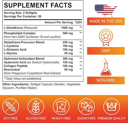Liposomal Glutathione Softgels, Enhanced Absorption - Liposomal Delivery, Active Form L-Glutathione, Made in USA, Rich in Antioxidant Formula, Gluten Free, 120 Softgels