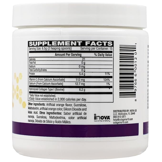 Colageina 10 Hydrolized Collagen Powder with Vitamin C, Anti-Aging, Orange Flavor, Water-Soluble, 3.5 Oz, Jar 3.5 Oz Powder, Jar