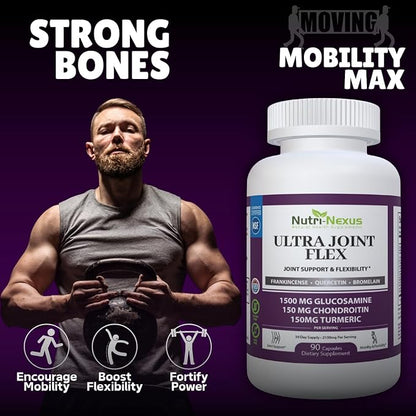 Joint Support Supplement with Glucosamine Chondroitin MSM Turmeric Boswellia - for Men and Women - Promotes Mobility, Flexibility, and Comfort - Made in USA - 90 Capsules