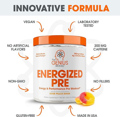 Genius Energized Pre Workout Powder – Caffeine Infused Pre-Workout Booster Supplement with Beta Alanine & Alpha GPC, No Artificial Sweeteners or Dyes - 200mg Caffeine, 20 Servings, Sour Peach Rings