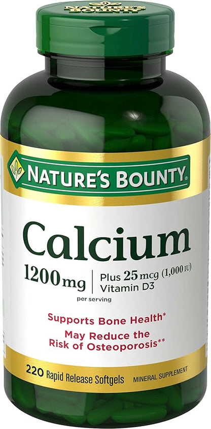 Nature's Bounty Calcium 1200 mg with 1,000IU Vitamin D3, Bone Health & Immune Support, 220 Softgels
