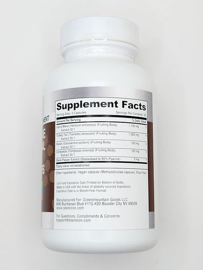 Stamiron Lions Mane Supplement Turkey Tail Mushroom Capsules with Cordyceps Extract & Reishi Mushrooms - Alt to Mushroom Gummies, Mushroom Powder, Mushroom Coffee - 90 Count