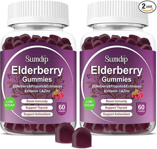 Elderberry Gummies with Zinc and Vitamin C Immune Support Herbal Dietary Supplements Berry Flavor Vegan Gummy Non-GMO Gluten Free 60 Gummies-2 Pack