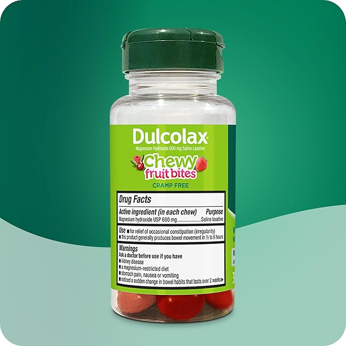 Dulcolax Saline Laxative Chewy Fruit Bites, Fast-Acting Laxative & Gentle Constipation Relief, Cherry Berry Flavor, Magnesium Hydroxide 600 mg, 30 Count