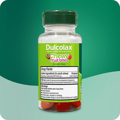 Dulcolax Saline Laxative Chewy Fruit Bites, Fast-Acting Laxative & Gentle Constipation Relief, Cherry Berry Flavor, Magnesium Hydroxide 600 mg, 30 Count