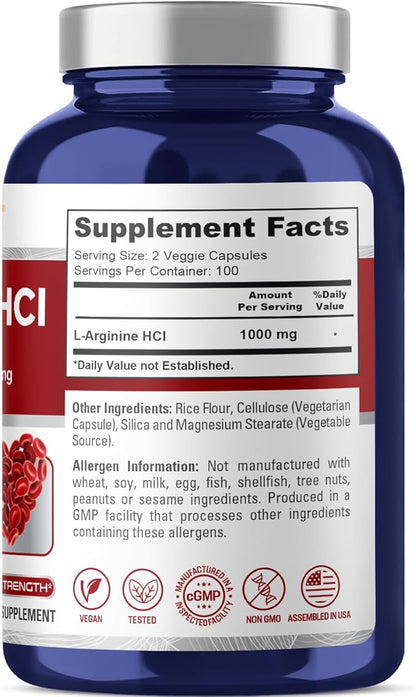 NusaPure L-Arginine 1000 mg 200 Veggie Capsules (Non-GMO, Vegetarian, Vegan)