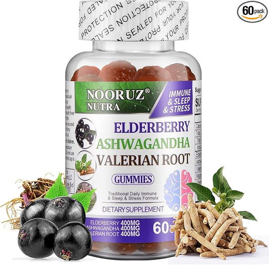 Ashwagandha Elderberry Valerian Root Gummies - Triple-Action Vegan Supplement for Healthy Cortisol Levels,Sleep Support - Non-GMO, Plant-Based, Gluten-Free, Gelatin-Free Vitamins