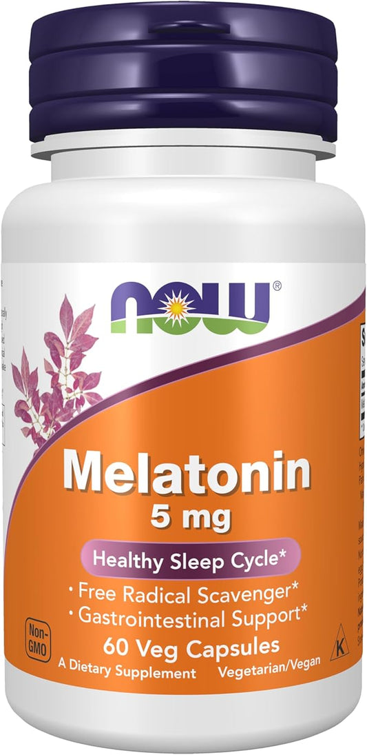 NOW Foods Supplements, Melatonin 5 mg, Free Radical Scavenger*, Healthy Sleep Cycle*, 60 Veg Capsules