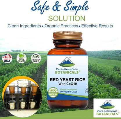 Pure Mountain Botanicals Red Yeast Rice with CoQ10 90 Kosher Vegan Capsules Now with 600mg Organic Red Rice Yeast Plus Co Q 10