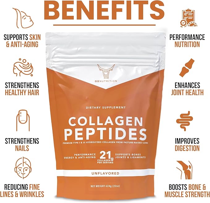 Collagen Peptides Powder, Large 22oz, Hydrolyzed Collagen, Collagen Powder for Healty Skin Hair Nail Joints, Grass Fed, Pasture Raised, Certified cGMP, Non-GMO, Gluten Free, 3P Tested Unflavored