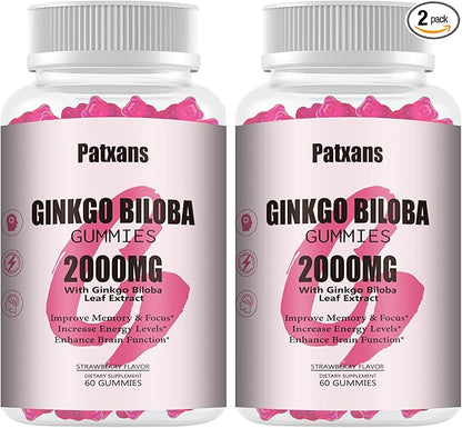 2 Packs 2000mg Ginkgo Biloba Gummies - Ginkgo Biloba Supplements for Brain Health Support, Improve Mood and Focus, Energy, Adult, Strawberry Flavor, 120 Count