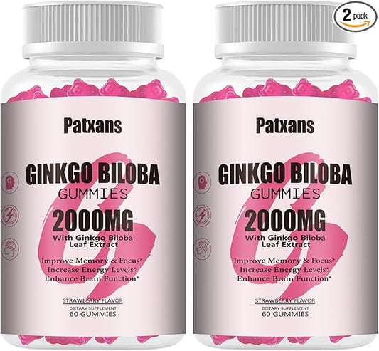 2 Packs 2000mg Ginkgo Biloba Gummies - Ginkgo Biloba Supplements for Brain Health Support, Improve Mood and Focus, Energy, Adult, Strawberry Flavor, 120 Count