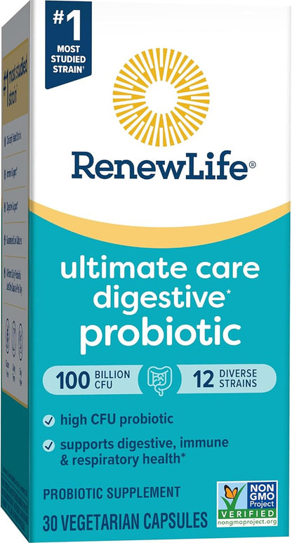 Renew Life Ultimate Care Probiotic Capsules, Daily Supplement Supports Respiratory, Digestive and Immune Health, L. Rhamnosus GG, Dairy, Soy and gluten-free, 100 Billion CFU, 30 Count