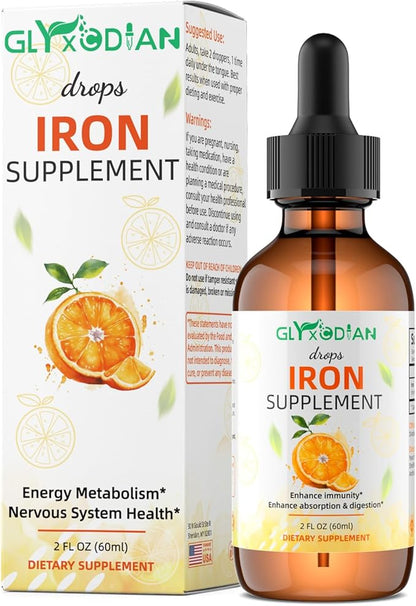 Iron Liquid Drops for Women & Men - 18mg High Absorption Liquid Iron Supplement for Anemia, Red Blood Cell, Energy Support & Immune Health, Vegan, Non-GMO, Natural Orange Flavor (2 Fl Oz)