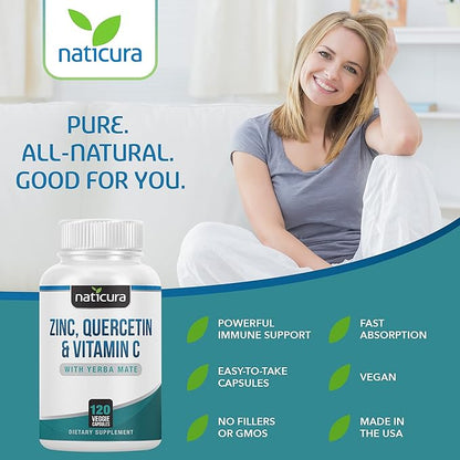 Zinc Quercetin with Vitamin C and Yerba Mate - 4-in-1 Nutritional Immune Support Supplement - 120 Veggie Capsules - Made in the USA