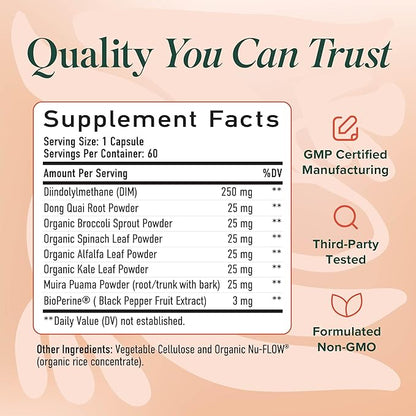 DIM Supplement for Women 250 mg | Estrogen & Hormone Balance | Menopause, Hot Flashes & Night Sweats Support | DIM Complex Estrogen Supplement for Women | with BioPerine | Gluten-Free | 60 Ct
