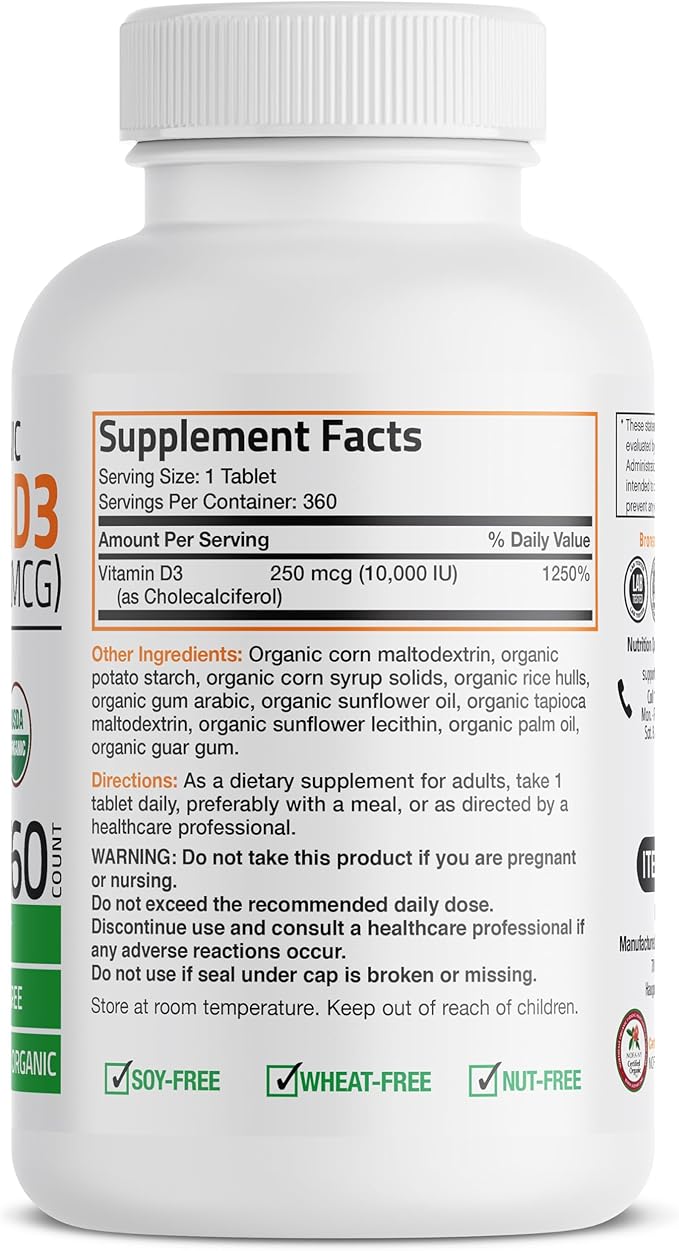 Bronson Vitamin D3 10,000 IU (250 mcg) Certified Organic High Potency Non-GMO Vitamin D Supplement, 360 Tablets