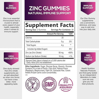 Zinc Supplement 50mg Gummies for Adults - Max Strength Skin Health & Immune Support Gummy, Vegan, Non-GMO & Gluten Free, Nature’s Antioxidant & Bone Health Chewable Zinc Vitamins - 60 Gummies