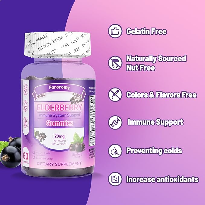 Elderberry Gummies Sambucus with Vitamin C Immune Support Supplement for Women and Men,Elderberry Flavor Gummy,30 Day Supply - 60 Count