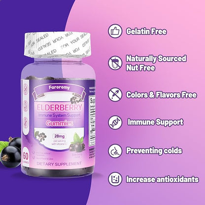Elderberry Gummies Sambucus with Vitamin C Immune Support Supplement for Women and Men,Elderberry Flavor Gummy,30 Day Supply - 60 Count