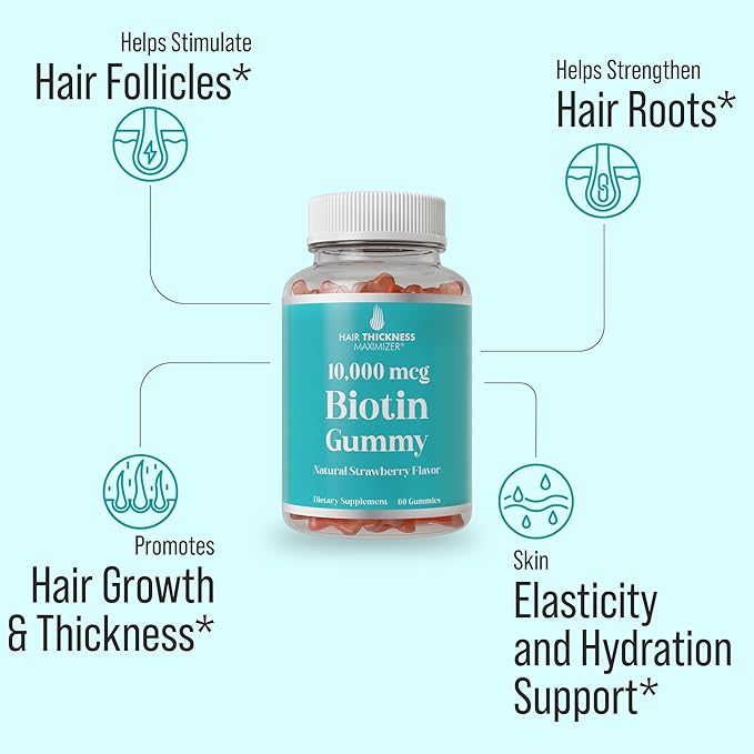 Ultra High Strength Biotin Gummies for Hair Growth for Women and Men. Gelatin Free, Vegan Biotin 10000mcg Chewables for Stronger Hair Skin and Nails. Great Tasting Strawberry Flavored Gummy