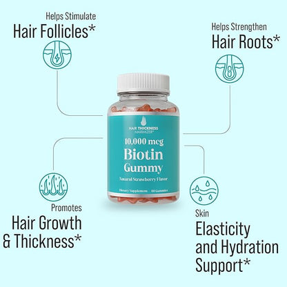 Ultra High Strength Biotin Gummies for Hair Growth for Women and Men. Gelatin Free, Vegan Biotin 10000mcg Chewables for Stronger Hair Skin and Nails. Great Tasting Strawberry Flavored Gummy