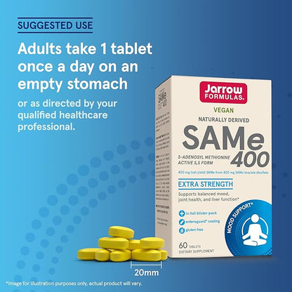 Jarrow Formulas SAMe 400 mg, Supports Joint Health, Liver Function, Brain Metabolism, 60 Tablets, Up To a 60 Day Supply
