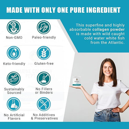 Ancient Bliss Wild-Caught Marine Fish Collagen Peptides Powder, Flavorless Collagen Protein Supplement with Type 1, Non-GMO, Gluten-Free, Amino Acid Supplement for Skin, Hair and Nails, 15.87 Oz