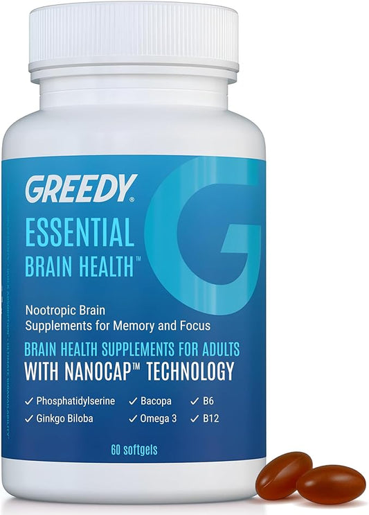 Nootropic Brain Supplements for Memory and Focus – Brain Health Supplements for Adults with NanoCap® Technology, Phosphatidylserine, Bacopa, Ginkgo Biloba, Omega 3, B6 B12, 60 Softgels by Greedy®