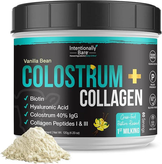 Intentionally Bare Colostrum and Collagen Powder - Colostrum Supplement with Biotin & Collagen Peptides - Colostrum Powder for Skin, Joint & Gut Health - Vanilla Bean Collagen Supplements 60 Servings