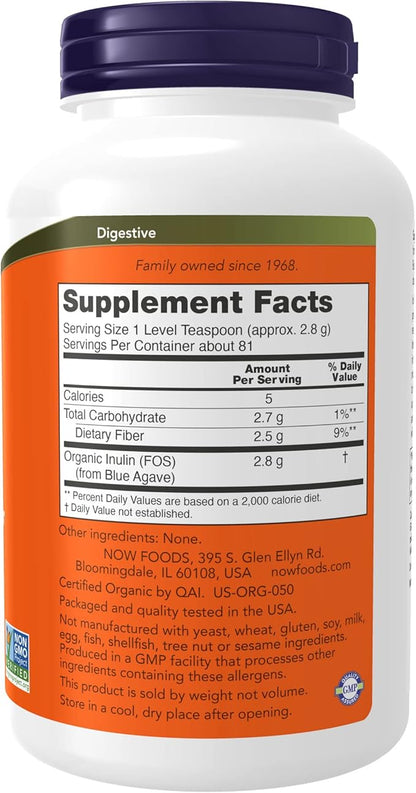 NOW Supplements, Inulin Prebiotic Pure Powder, Certified Organic, Non-GMO Project Verified, Intestinal Support*, 8-Ounce (Pack of 2)