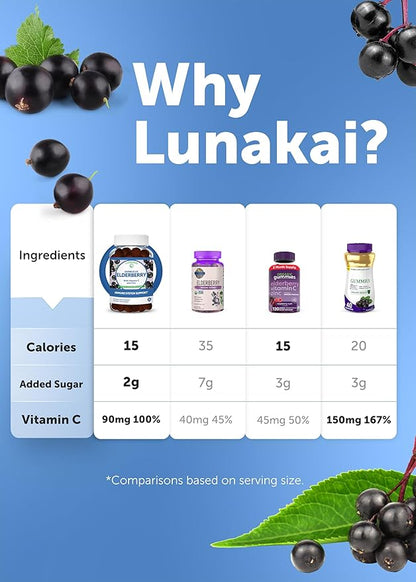 Lunakai Sambucus Elderberry Gummies with Zinc & Vitamin C for Adults & Kids - 100mg Black Elderberry Vitamins Immune Support Supplement - Vegan, Non-GMO, No Corn Syrup - 6 Pack