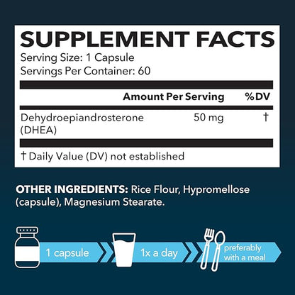 DHEA 50mg Supplement for Hormone Balance - Supports Energy for Men and Women - Dehydroepiandrosterone Capsules for Mood, Aging & Daily Vitality - Non-GMO, Vegan - 60 Capsules, 2-Month Supply