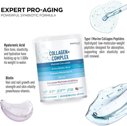 Marine Collagen Powder Supplement - Type I Hydrolyzed Marine Collagen Peptides, Protein, Biotin, Hyaluronic Acid, Vitamin C, Vital Antioxidants - Skin Supplements for Women - Pomegranate, 9.7oz