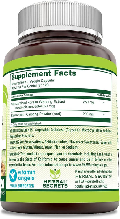 Herbal Secrets Korean Ginseng Root Extract 120 Veggie Capsules Supplement | Non-GMO | Gluten Free | Made in USA