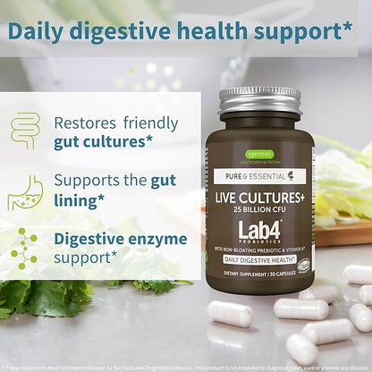 Igennus Probiotics & Prebiotic, Lactobacillus Acidophilus & Bifidobacterium, Live Cultures+ Lab4, Guaranteed 25 Billion CFU, for Women & Men, Non-Bloating Gut Health Support, Non-GMO, 30 Capsules