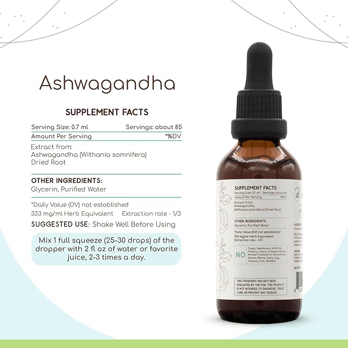Ashwagandha B60 Alcohol-Free Herbal Extract Tincture, Super-Concentrated (Shui Qie, Indian Ginseng, Withania Somnifera) 2 fl oz