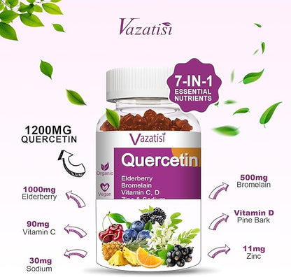 Quercetin Gummies, Quercetin with Vitamin C Zinc, Bromelain, Elderberry and Vitamin D, Immune Support Adults Kids, Women Men, 60 Gummies Chewable