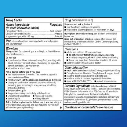 Amazon Basic Care Dual Action Complete, Chewable Acid Reducer Plus Antacid Tablets, Berry Flavor, Heartburn Medicine, Acid Indigestion Relief, 50 Count