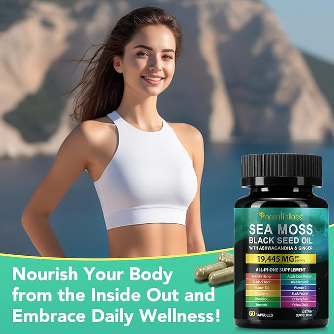Sea Moss Black Seed Oil Ashwagandha Ginger, Sea Moss Capsule Supplement with Turmeric Burdock Root Bladderwrack Vitamin C Vitamin D3 Enhanced Immunity & Energy Sea Moss Black Seed Oil Capsule 60 Count
