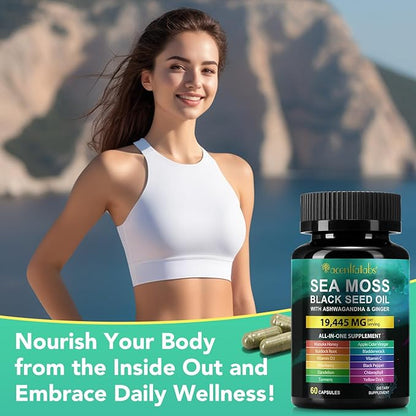Sea Moss Black Seed Oil Ashwagandha Ginger, Sea Moss Capsule Supplement with Turmeric Burdock Root Bladderwrack Vitamin C Vitamin D3 Enhanced Immunity & Energy Sea Moss Black Seed Oil Capsule 60 Count