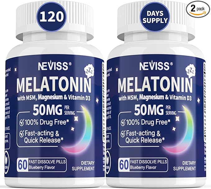 Melatonin 50 mg for Adults - Extra Strength 9-IN-1 Fast Dissolve Sublingual - w/ Vitamin D3 & MSM, Relaxing Herbal Blend-Ashwagandha, Lemon Balm, Passionflower,Chamomile,Sugar Free, Vegan 120 Servings