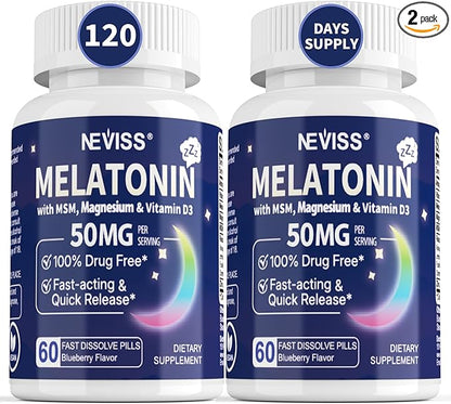 Melatonin 50 mg for Adults - Extra Strength 9-IN-1 Fast Dissolve Sublingual - w/ Vitamin D3 & MSM, Relaxing Herbal Blend-Ashwagandha, Lemon Balm, Passionflower,Chamomile,Sugar Free, Vegan 120 Servings